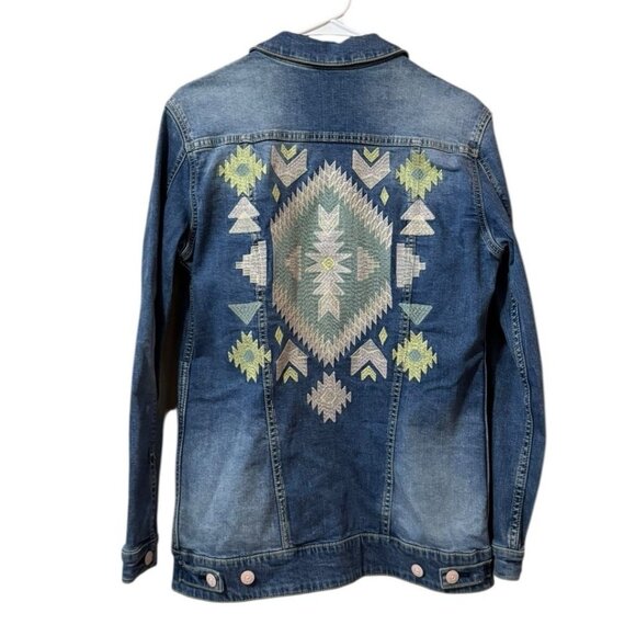 LuLaRoe Jean Jacket Size Small Southwest Aztec Boho Embroidered Blue Denim Hippi - Picture 2 of 15